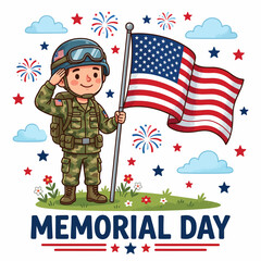 Cartoon Soldier with American Flag for Memorial Day © Teguh