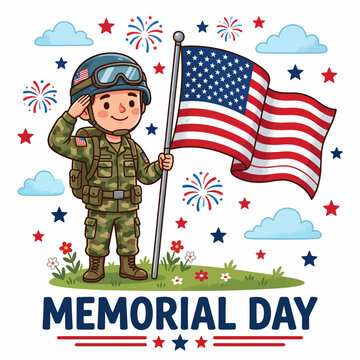 Cartoon Soldier with American Flag for Memorial Day