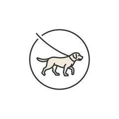Fototapeta premium Minimalist pet logo icon featuring a beige Labrador Retriever walking on a leash inside a circular outline, perfect for dog care branding, family pet themes, training, or educational design