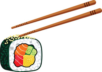 A single piece of sushi roll with fresh salmon and cucumber held by wooden chopsticks isolated © Kanak