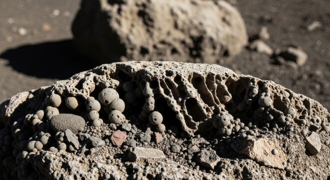Porous vesicular textures within impact melt rock showing intricate natural geological formations