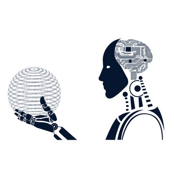 A robot's mechanical arm holds a program code