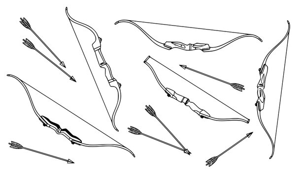 Archery bow and arrow vector collection detailed sport equipment illustration
