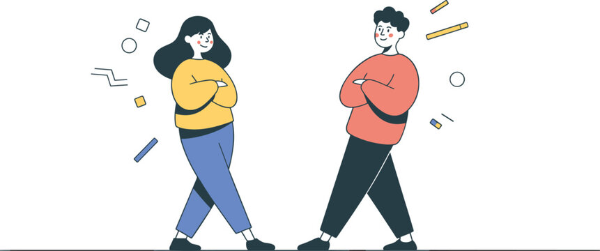 Flat vector illustration of a confident young man and woman standing with crossed arms for teamwork and collaboration.