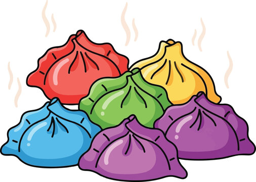 A colorful collection of steaming hot dumplings presented in a vibrant and artistic illustration