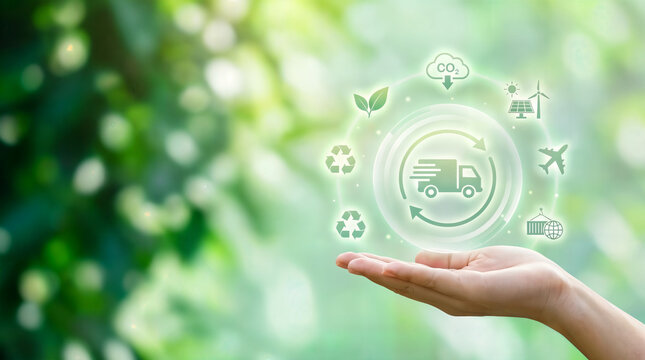 Sustainable logistics and supply chain concept. Green transportation methods, including air, sea, drones,  eco-friendly trucking, renewable energy. Climate action for net zero carbon emission target.