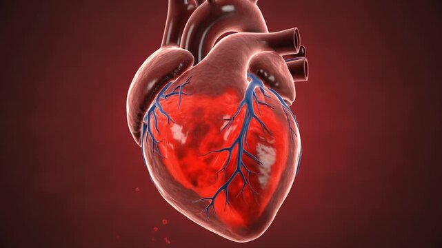 Anatomical illustration of a human heart showing internal blood vessels and structure