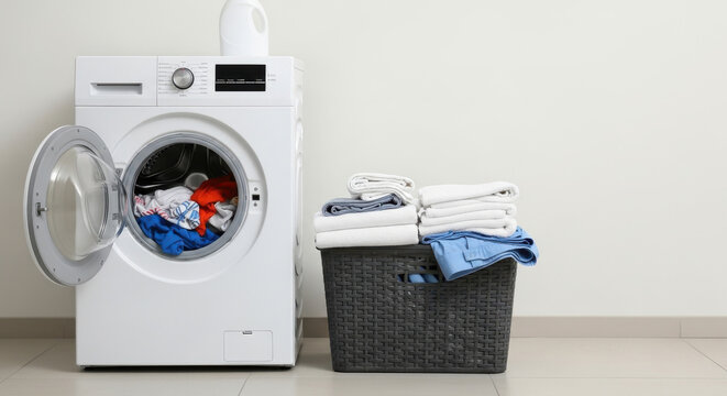 A white front-loading washing machine stands in a clean domestic laundry room as a modern household appliance for washing clothing and housework technology