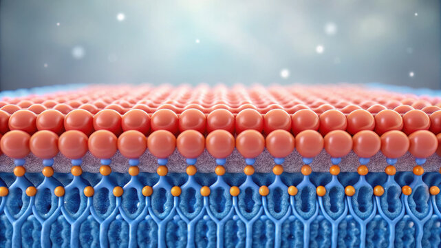 Lipid storage process illustrated by detailed cell membrane model showing lipid bilayer structure and molecular arrangement in vibrant colors