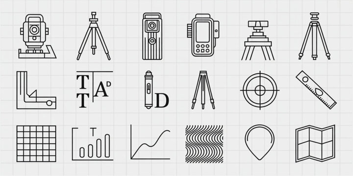 Collection of linear icons representing professional land surveying and geodetic measurement tools Vector