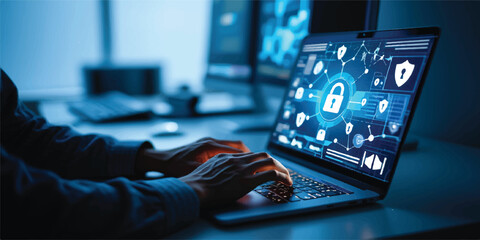 Close-up on laptop screen showing digital security locks and network data, hands typing to protect information and ensure online safety in a dark office setting © RoyhanaFatema