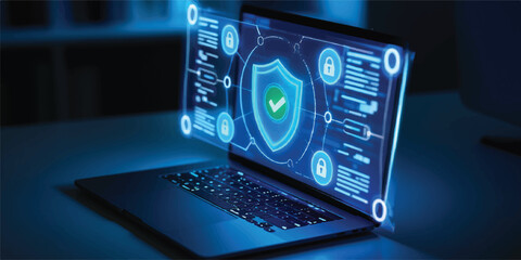 Futuristic digital security shield with icons and network connections on a laptop screen, glowing with blue light, data protection © RoyhanaFatema