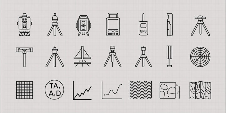 A comprehensive set of linear icons representing professional land surveying and mapping equipment Vector