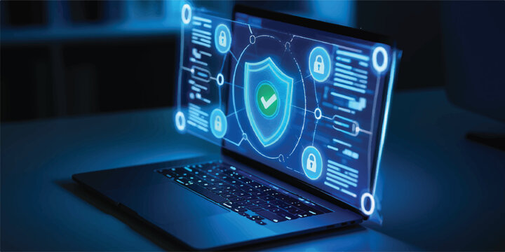 Futuristic digital security shield with icons and network connections on a laptop screen, glowing with blue light, data protection