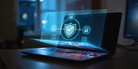 Holographic digital security shield and network icons projected from a laptop screen, signifying online protection and cybersecurity, data protection © RoyhanaFatema