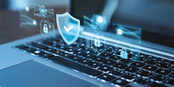 Close-up on laptop keyboard with transparent digital shield and lock icons symbolizing cyber security and online data integrity with lock icon