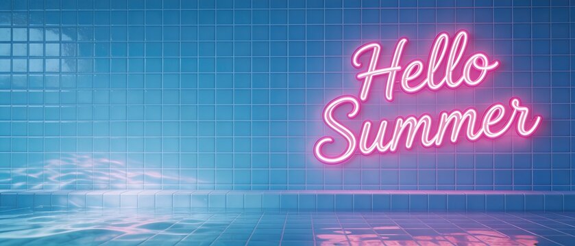 Pink neon hello summer sign glowing on blue tiled wall. Vibrant seasonal greeting for vacations and beach themes. Retro style decoration concept evoking warm weather fun and relaxation. banner format