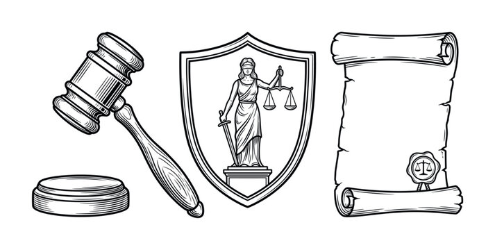 A classic set of law and justice symbols. Includes a gavel, a shield with Themis, and a scroll. Black and white vector illustration in a vintage engraving style for legal concepts.