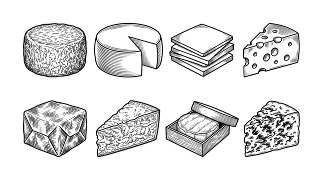 A vintage set of cheese illustrations in a hand-drawn engraving style. Includes various types like swiss, brie, and blue cheese. Perfect for menus, packaging, and logos.