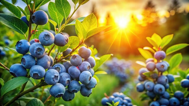 A photo of a lush, vibrant garden filled with ripening blueberries on a sunny day The sun casts golden rays through the branches, highlighting the ju