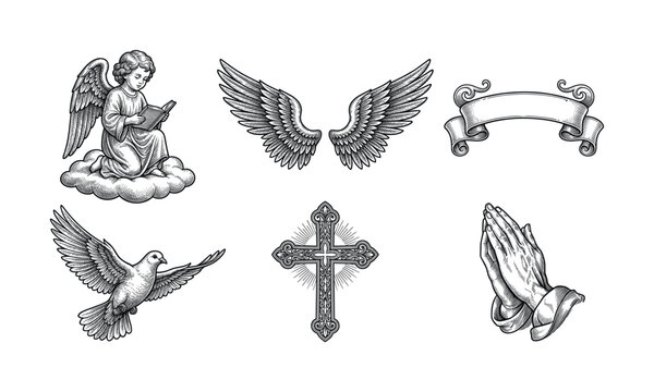 A set of religious christian symbols in a vintage engraving style. Includes an angel, wings, dove, cross, and praying hands. Perfect for spiritual or memorial designs.