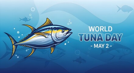 World tuna day graphic with swimming fish in blue ocean water