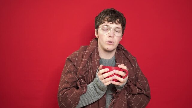 Sinus, blowing nose or portrait of man sick by hay fever illness, flu disease or virus by sneezing with tissue. Allergy problem,