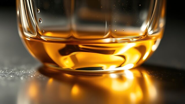 schnapps. Golden schnapps liquid in a crystal glass, light refraction on a dark surface, minimalist style. bar promotions, beverage menus, designed for product packaging and bar promotions.