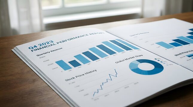 Q4 2023 Financial Performance Report with Charts on Wooden Desk