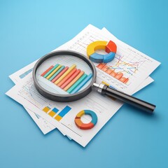 Magnifying glass over financial charts and donut graphs