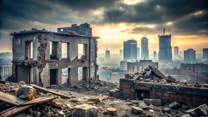 Fototapeta premium A panoramic view of a desolate cityscape, showcasing the remnants of a oncegrand building The walls are in ruins, covered in layers of gray concrete