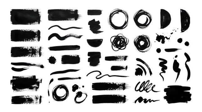 Collection of black ink brush strokes and abstract shapes on a white background