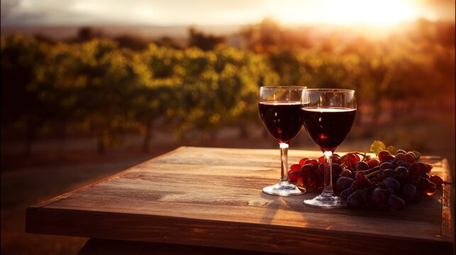 vineyard,wine,grapes,dining,rich,beverage,harvest,food,textures,landscape,table,glasses,sunset,wooden,drink,nature,warm,colors,fruit,glass
