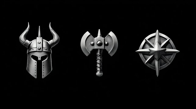 Metallic Viking helmet, double axe, and compass shield icons on black background, representing fantasy, medieval, and adventure concepts.