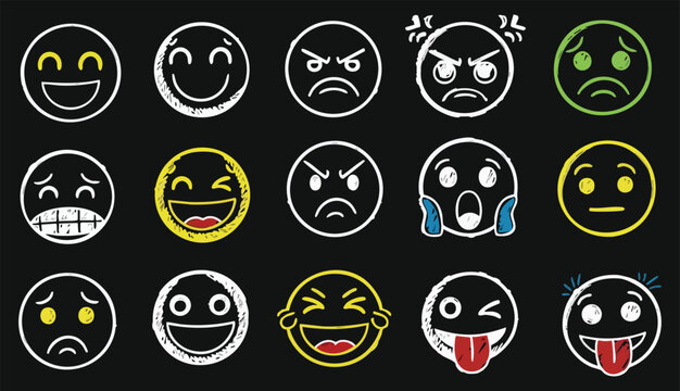 Hand drawn doodle emoticons set. Chalk or marker style.
