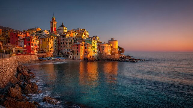 Bogliasco coastal village at golden hour on the Italian Riviera