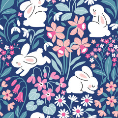 Cute white rabbits on spring floral background. Seamless vector pattern. Hand drawn Easter bunny pattern. 