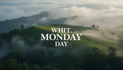 A serene landscape of rolling green hills with trees and foggy clouds on a peaceful Whit Monday day