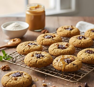 Freshly baked peanut butter cookies with dark chocolate centers and sea salt, cooling on a wire rack. In the background, a jar of creamy peanut butter and a bowl of almond flour or protein powder sugg