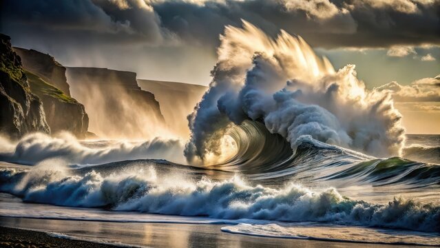 A photo of a powerful wave crashing onto the shore in monochrome White water meets dark sand with jagged cliffs behind Wave crests collapse into fro