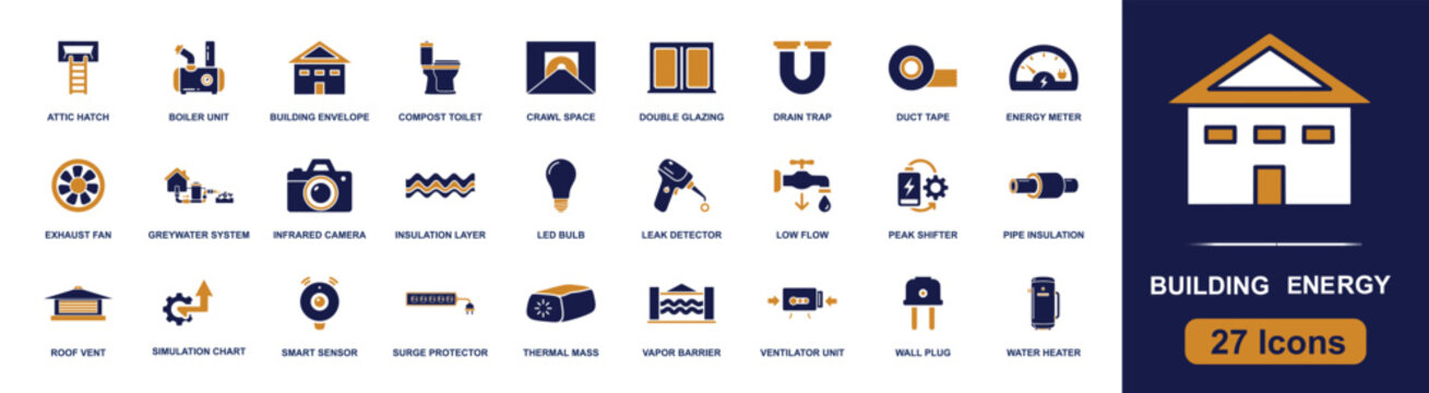 Building energy icon set. Containing attic hatch, boiler unit, double glazing, energy meter, insulation, smart sensor, water heater, roof vent and more. Solid fill vector icons collection.