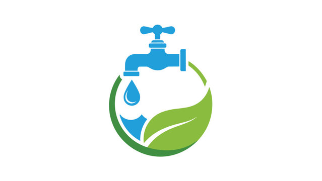 Eco friendly plumbing logo showing a blue water tap with a drop and a green leaf inside a circular frame for sustainable water use.