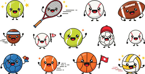 Collection of cute sports ball character vector illustrations including tennis baseball basketball soccer volleyball and football with expressions