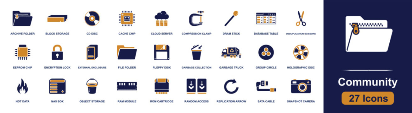 Community outreach icon set. Containing advocacy, donation, legal aid, support, meetings, forums, health, education, unity and more. Solid fill vector icons collection for social campaigns.