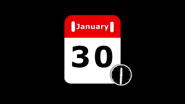 January 30 calendar icon with moving clock hands on black background. Animated digital calendar time with clock icon. deadline calendar and timer concept.