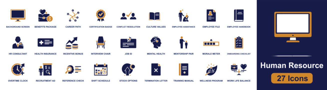 Human resource icon set. Containing career path, employee file, interview chair, onboarding checklist, shift schedule, wellness program and more. Solid fill vector icons collection.