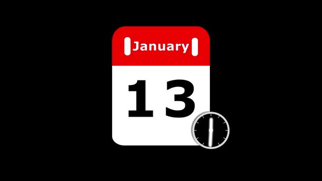 January 13 calendar icon with moving clock hands on black background. Animated digital calendar time with clock icon. deadline calendar and timer concept.
