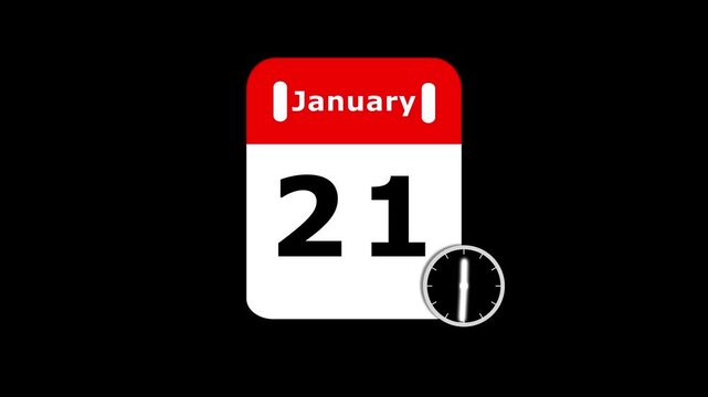 January 21 calendar icon with moving clock hands on black background. Animated digital calendar time with clock icon. deadline calendar and timer concept.