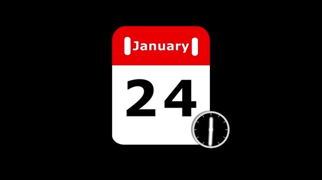 January 24 calendar icon with moving clock hands on black background. Animated digital calendar time with clock icon. deadline calendar and timer concept.