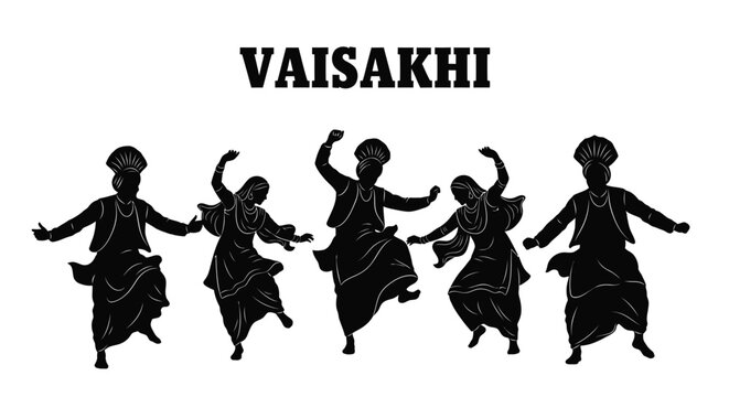 Festive black silhouette vector graphic illustration featuring punjabi men and women celebrating the vibrant harvest festival of vaisakhi